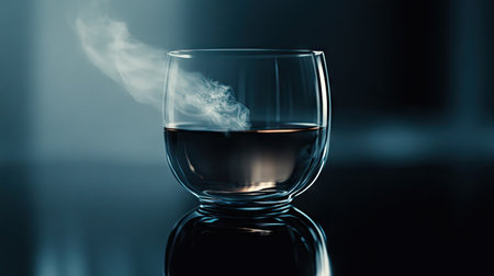 A close-up shot of a glass of warm tea, with the steam and soft reflections creating a calming atmosphere on a black glossy background.の素材