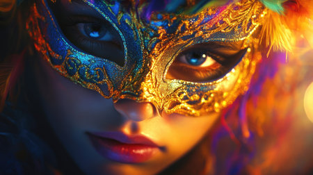 A close-up shot of a girl with a mysterious carnival mask, reflecting the vibrant and colorful atmosphere around her.の素材
