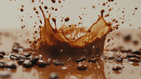 A close-up shot of coffee splashing with beans scattered around it, isolated on a clean, smooth background.の素材