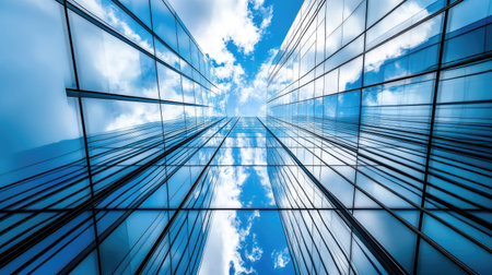 A corporate skyscraper with large glass panels, designed with cutting-edge modern architecture.の素材