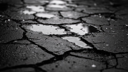 A detailed image of cracked asphalt on a city street, with rainwater filling the cracks.の素材
