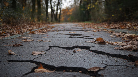 A cracked asphalt path in a park, with leaves and debris filling the gaps, adding to the weathered look.の素材