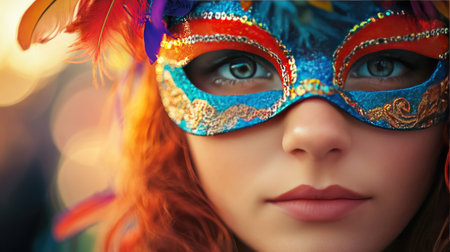 A close-up shot of a girl with a mysterious carnival mask, reflecting the vibrant and colorful atmosphere around her.の素材