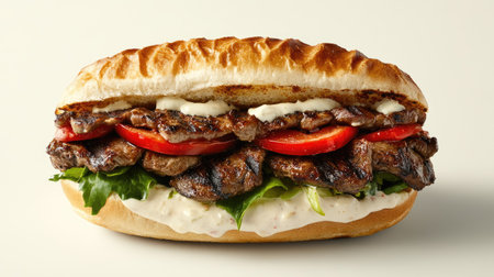 A close-up shot of a juicy kebab sandwich filled with grilled meat, vegetables, and creamy sauce, isolated on a clean surface.の素材