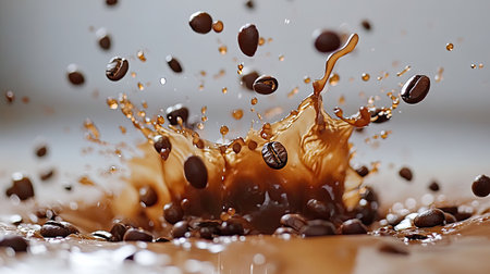 A coffee splash with whole beans flying in all directions, frozen mid-motion, isolated on a soft background.の素材