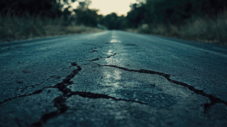 A close-up shot of a crumbling asphalt road with visible cracks, worn by time and elements.の素材