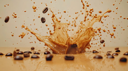 A close-up shot of coffee splashing with beans scattered around it, isolated on a clean, smooth background.の素材
