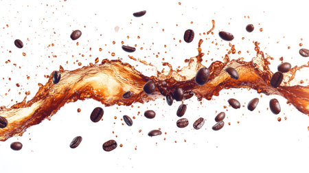 A coffee splash with beans scattering in various directions, captured at high speed, isolated on a white background.の素材