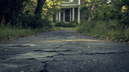 A cracked and aged asphalt driveway leading to an old house, surrounded by overgrown grass.の素材