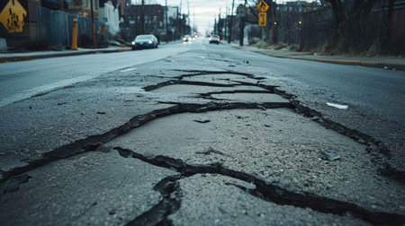 A cracked asphalt sidewalk with visible gaps, surrounded by urban infrastructure and traffic signs.の素材