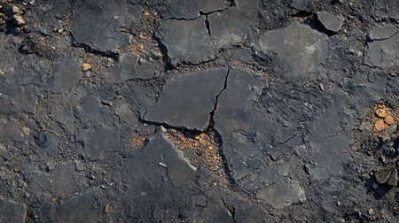 A cracked and chipped asphalt road surface, with potholes and rough texture from constant use.の素材
