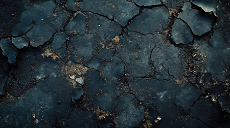 A cracked and chipped asphalt road surface, with potholes and rough texture from constant use.の素材
