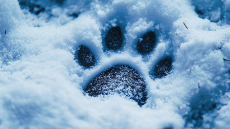 A crisp, detailed close-up of a wolf's paw print in thick snow, highlighting its shape.の素材