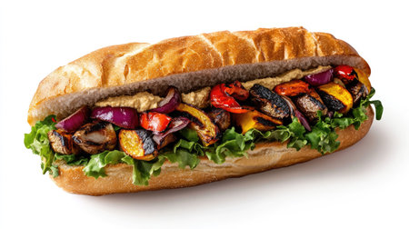 A delicious vegetarian kebab sandwich filled with grilled vegetables, hummus, and fresh greens, isolated on a bright background.の素材