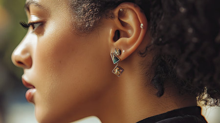 A detailed view of a woman's ear with a modern statement earring, featuring geometric elements and polished finishes.の素材