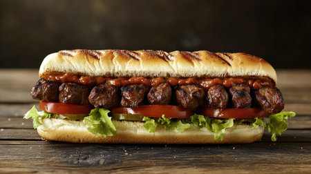 A delicious beef kebab sandwich, filled with smoky grilled meat, tomatoes, and lettuce, isolated on a rustic wooden surface.の素材