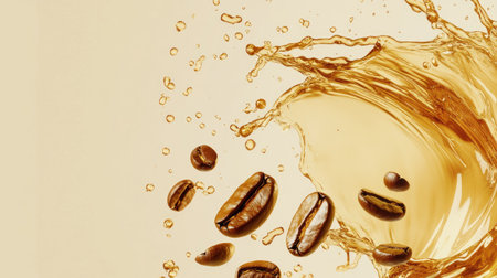 A creative coffee splash with beans surrounding it, isolated with a soft, neutral background, capturing the motion.の素材