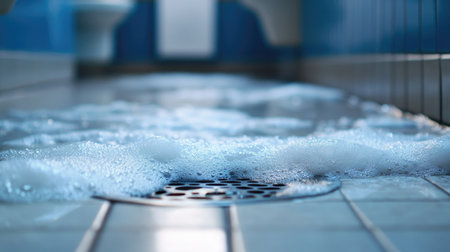 A floor drain in a commercial restroom with excess soap foam accumulating around it.の素材