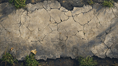 A cracked and uneven asphalt surface along a suburban street, with grass peeking through the fissures.の素材