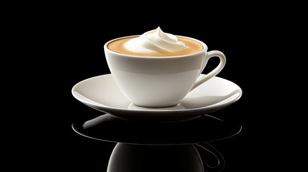 A fresh, aromatic cup of coffee with a swirl of cream, set on a minimalist black surface for contrast.の素材