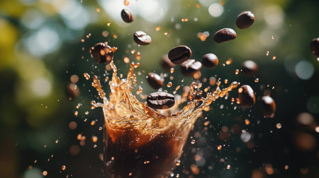A dramatic coffee splash with floating beans, captured in mid-air, against a blurred background for a dynamic effect.の素材