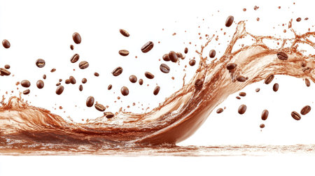 A dramatic and energetic coffee splash with beans flying out of the frame, isolated on a clean surface.の素材