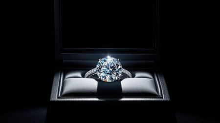 A diamond ring nestled in a sleek, open jewelry box, placed against a dark background to emphasize the clarity and shine of the diamond.の素材