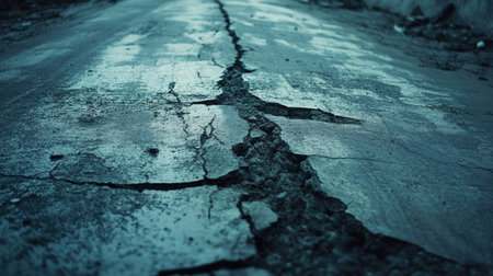 A dramatic shot of a cracked, damaged road surface with visible wear marks from years of traffic.の素材