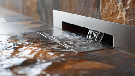 A close-up view of a bathroom floor drain with water flowing into it, highlighting the stainless steel cover and ceramic tiles.の素材
