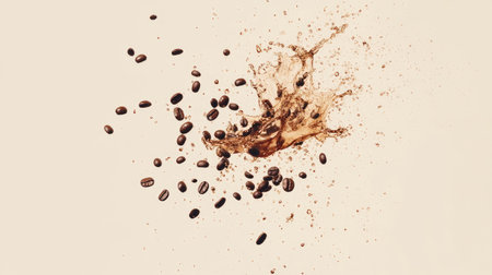A fresh coffee splash with whole beans flying out, creating a stunning effect, isolated against a neutral background.の素材
