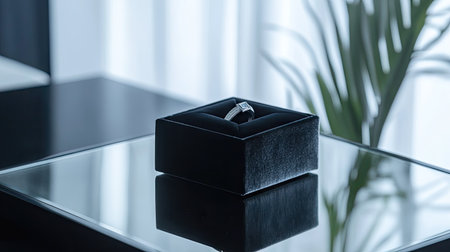 A diamond ring inside a luxurious velvet gift box, set on a mirrored surface that reflects its beauty, with a simple background for contrast.の素材