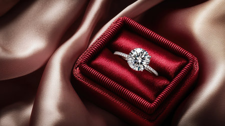 A diamond ring in a red jewelry box, placed on a luxurious silk fabric, with the background softly fading to bring focus to the ring.の素材