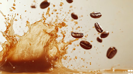 A dramatic and energetic coffee splash with beans flying out of the frame, isolated on a clean surface.の素材