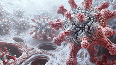 A detailed rendering of virus-like molecular structures, representing microbiology research.の素材