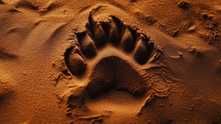 A crisp, detailed close-up of a wolf's paw print in fine desert sand, highlighting its shape.の素材