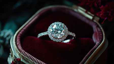 A dazzling diamond ring inside a velvet jewelry box, set against a rich, dark background to emphasize the brilliance of the diamond.の素材