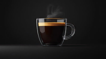 A dark roast coffee in a clear cup, steam rising against the bold black backdrop, highlighting its rich aroma.の素材