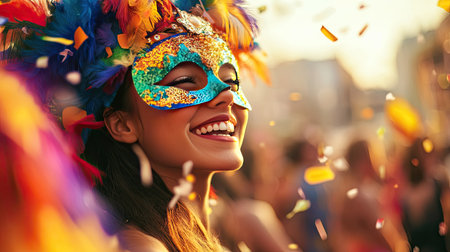 A girl in a brightly colored carnival mask, her face partially hidden, dancing joyfully in the midst of the celebration.の素材