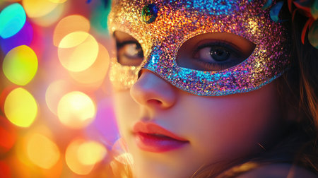 A girl with a glittering carnival mask on, captured in soft focus, with vibrant party decorations in the background.の素材