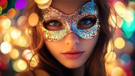 A girl with a glittering carnival mask on, captured in soft focus, with vibrant party decorations in the background.の素材