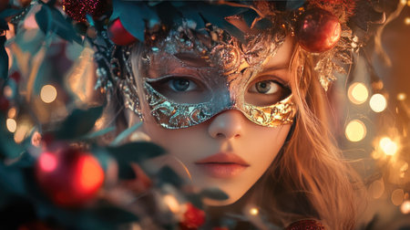 A girl in a luxurious carnival mask, captured in soft light with a playful expression, surrounded by festive decorations.の素材