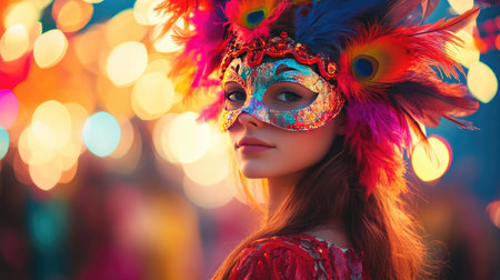 A girl dressed in a bright, playful carnival mask with feathers, standing against a vibrant backdrop full of lights.の素材