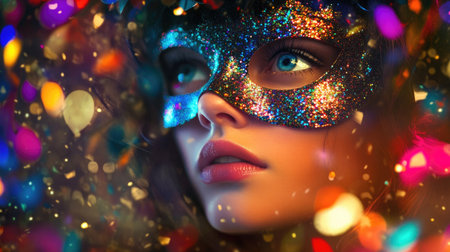 A girl wearing a dramatic carnival mask, her eyes peeking through, surrounded by carnival lights and confetti.の素材
