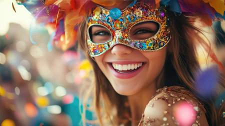 A girl with an elaborate carnival mask, smiling with excitement as she enjoys the vibrant celebration.の素材