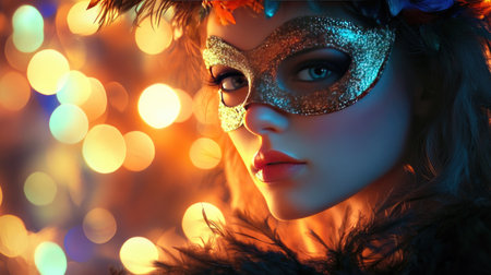 A girl with a feathered carnival mask and a hint of mystery in her eyes, set against a backdrop of party lights.の素材