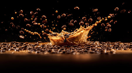 A high-speed shot of coffee splashing with beans scattered in all directions, isolated on a smooth, dark surface.の素材