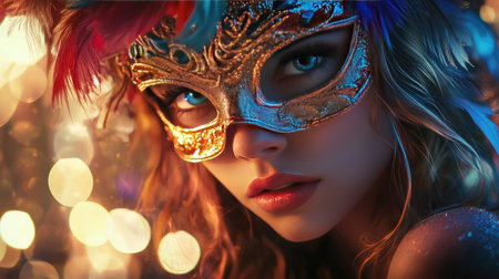 A girl with a feathered carnival mask and a hint of mystery in her eyes, set against a backdrop of party lights.の素材