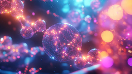 A glowing molecular DNA helix composed of interconnected spheres, floating in a digital universe.の素材