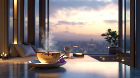 A hot cup of herbal tea with steam rising and a peaceful, relaxing ambiance in the background.の素材
