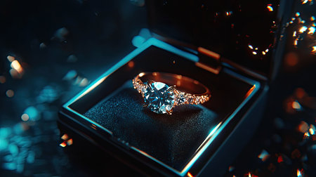 A high-quality image of a diamond ring placed carefully inside an open jewelry box, the light accentuating the sparkling gems against a dark background.の素材